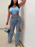 Light Blue Ripped Baggy Jeans Women Sexy Tassels Patchwork Mid Waist Denim Trousers Summer  Female Bottoms Streetwear