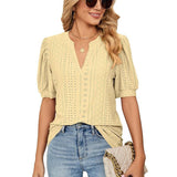 New Solid Blouses For Women Fashion Hollow Out V Neck Short Sleeve Elegant Office Work Ladies Shirt Tops Casual Blouse