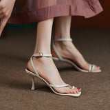 hulianfu Summer Sandals Narrow Band  Cowhide Women Sandals One Strap Sandals Thin High Heels Buckle Flip Flops Ladies Elegant Shoes