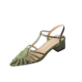 hulianfu Summer Sandals Narrow Band Women Sandals Square Heels Pointed Toe T Strap Sandals Ladies Elegant Green Beige Shoes Large Size 43