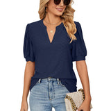New Solid Blouses For Women Fashion Hollow Out V Neck Short Sleeve Elegant Office Work Ladies Shirt Tops Casual Blouse