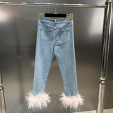Autumn Sleeveless Feathers Camisole Crop Top Blue Denim Pants Long Jeans Two Piece Set Women GF920