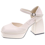 hulianfu Ankle Strap Platform Pumps Women Pu Leather Square Toe Mary Jane Shoes Woman Goth Thick High Heels Shoes Ladies