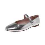 hulianfu Women Mules Slippers Concise Style Simple Flat Shoes Round Toe Silver Mary Janes Spring Autumn Women Flats One Strap Metal Color
