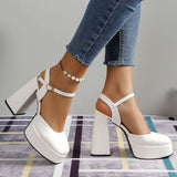 hulianfu White Super High Heels Mary Jane Shoes for Women  Summer Ankle Strap Platform Pumps Woman Slingback Thick Heeled Party Shoes