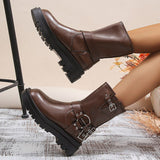 Metal Decor Platform Ankle Boots Women  Autumn Black Thick Bottom Short Botas Woman Plus Size 43 Pu Leather Motorcycle Shoes