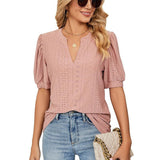 New Solid Blouses For Women Fashion Hollow Out V Neck Short Sleeve Elegant Office Work Ladies Shirt Tops Casual Blouse