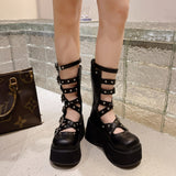 hulianfu Summer Gladiator Sandals Women Metal Rivet Punk Streetwear Wedge Platform Thick Heeld Ankle Buckle Strap High Quality Shoes