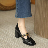 Small High-heeled Single Shoes Thick Heel Retro Thong Shoes Spring and Autumn New Chain Shallow Mouth Square Toe Shoes