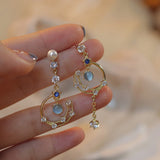 Korean New Light Luxury Zircon Moon Star Asymmetric Stud Earrings For Women Crystal Cloud Pearl Earring Girl Jewelry Gifts