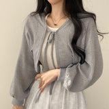 hulianfu Thin White Cardigan Bandage Lantern Sleeve Short Coat Pull Femme Knitwear Top Girl Cardigan Korean Style Casual T Shirt