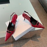 hulianfu Solid Pointed Toe Slingbacks Patent Leather High Heels Buckle Strap Stiletto Pumps Metal Decor Women Shoes Sexy Shallow Zapatos