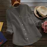 New Button Women's Blouses Pockets Cotton Linen Casual Women's Shirts Summer Top Long Sleeve Shirt Blouse Solid Color Tops