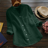 New Button Women's Blouses Pockets Cotton Linen Casual Women's Shirts Summer Top Long Sleeve Shirt Blouse Solid Color Tops