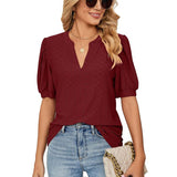 New Solid Blouses For Women Fashion Hollow Out V Neck Short Sleeve Elegant Office Work Ladies Shirt Tops Casual Blouse