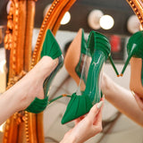 hulianfu New Woman Pink Pumps Luxury Designer Metal Pointed Stiletto Shallow Mouth Single Shoes High Heels Women Green Party Shoes