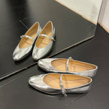 hulianfu Women Mules Slippers Concise Style Simple Flat Shoes Round Toe Silver Mary Janes Spring Autumn Women Flats One Strap Metal Color