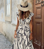 Spring and Summer New Geometric Print V-neck Ruffled Long Dress