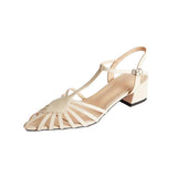 hulianfu Summer Sandals Narrow Band Women Sandals Square Heels Pointed Toe T Strap Sandals Ladies Elegant Green Beige Shoes Large Size 43