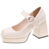 hulianfu Ankle Strap Platform Pumps Women Pu Leather Square Toe Mary Jane Shoes Woman Goth Thick High Heels Shoes Ladies