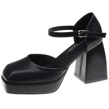 hulianfu Ankle Strap Platform Pumps Women Pu Leather Square Toe Mary Jane Shoes Woman Goth Thick High Heels Shoes Ladies