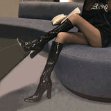 Women's Boots Long Footwear Winter Knee High Shaft Shoes for Woman Very Heel Square Toe Black  Novelty Work Fashion New Rock