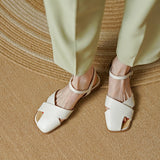 hulianfu Women Sandals SmallHut Summer Genuine Leather Low Heeled Ladies Beige Geen Ankle Strap Side Buckle Closed Toe Fisherman Shoes