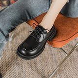hulianfu  New women's loafers Black lace-up shoes Round head high heel thick base high design Leather shoes Stylish party and work
