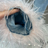 Autumn Sleeveless Feathers Camisole Crop Top Blue Denim Pants Long Jeans Two Piece Set Women GF920