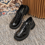 hulianfu  New women's loafers Black lace-up shoes Round head high heel thick base high design Leather shoes Stylish party and work