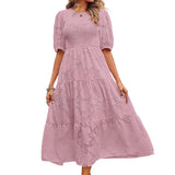 New Summer Women Fashion Puff Sleeve O-Neck Long Dress Casual Solid Printed Button Dress Female Slim Big Hem Office Dresses