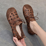 hulianfu New Comfortable Leather Handmade Shoes Flat-heeled Soft-soled Shoes  Female Wind Tunnel Hollow Sandals Women Casual Flats Shoes
