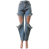 Light Blue Ripped Baggy Jeans Women Sexy Tassels Patchwork Mid Waist Denim Trousers Summer  Female Bottoms Streetwear