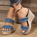 Fashion Denim Blue Wedges Sandals Women Summer  Chunky Platform Heeled Sandals Woman Plus Size 42 Thick Soled Beach Shoes