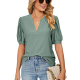 New Solid Blouses For Women Fashion Hollow Out V Neck Short Sleeve Elegant Office Work Ladies Shirt Tops Casual Blouse