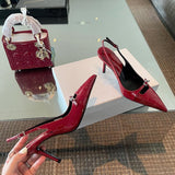 hulianfu Solid Pointed Toe Slingbacks Patent Leather High Heels Buckle Strap Stiletto Pumps Metal Decor Women Shoes Sexy Shallow Zapatos