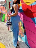 Blue Denim Maxi Dresses Women Spaghetti Strap Low Cut Backless Zipper Split Bodycon Dress Summer  Harajuku Streetwear