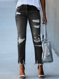 hulianfu Spring/Summer Washed Old Tassel Jeans Women's Mid-waist Solid Color Slim Fit Slim High Elastic Pencil Pants Women  Jeans