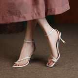 hulianfu Summer Sandals Narrow Band  Cowhide Women Sandals One Strap Sandals Thin High Heels Buckle Flip Flops Ladies Elegant Shoes