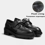 Spinrg Autumn Black Leather Women Loafers Lace Up Flat Shoes Women Silver Buckle Round Toe Women Flats Casual Shoes Woman