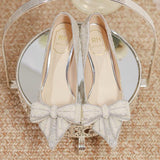 Luxury Pearl Bowtie Wedding Shoes Women  Autumn Shiny Crystal High Heels Pumps Woman Slip On Pointed Toe Bling Party Shoes
