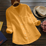 New Button Women's Blouses Pockets Cotton Linen Casual Women's Shirts Summer Top Long Sleeve Shirt Blouse Solid Color Tops
