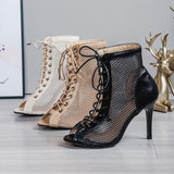 hulianfu Stiletto High Heels Summer Boots Women Ladies Mesh Net Boots Peep Toe Shoes Woman Cross Tied Nude Ankle Boots