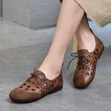 hulianfu New Comfortable Leather Handmade Shoes Flat-heeled Soft-soled Shoes  Female Wind Tunnel Hollow Sandals Women Casual Flats Shoes