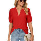New Solid Blouses For Women Fashion Hollow Out V Neck Short Sleeve Elegant Office Work Ladies Shirt Tops Casual Blouse
