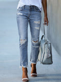 hulianfu Spring/Summer Washed Old Tassel Jeans Women's Mid-waist Solid Color Slim Fit Slim High Elastic Pencil Pants Women  Jeans