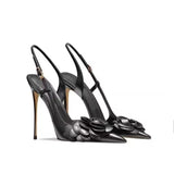 New Genuine Leather Off White Camellia Buckle Shallow Mouth Sexy Celebrity Style Women's High Heel Sandals