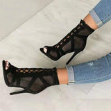 hulianfu Stiletto High Heels Summer Boots Women Ladies Mesh Net Boots Peep Toe Shoes Woman Cross Tied Nude Ankle Boots