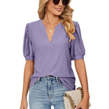 New Solid Blouses For Women Fashion Hollow Out V Neck Short Sleeve Elegant Office Work Ladies Shirt Tops Casual Blouse