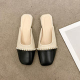 Shoes Slippers Women Summer Cover Toe Low Slides Pantofle Female Mule  Mules Rome Hoof Heels Fabric PU Mules For Women